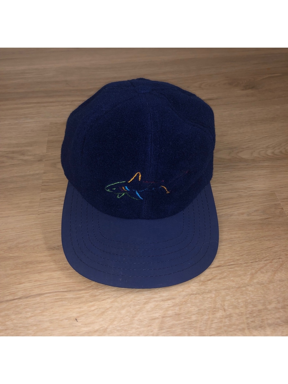 VINTAGE Y2K GREG NORMAN SHARK FLEECE SHERPA HAT CAP NAVY BLUE GOLF STRAPBACK